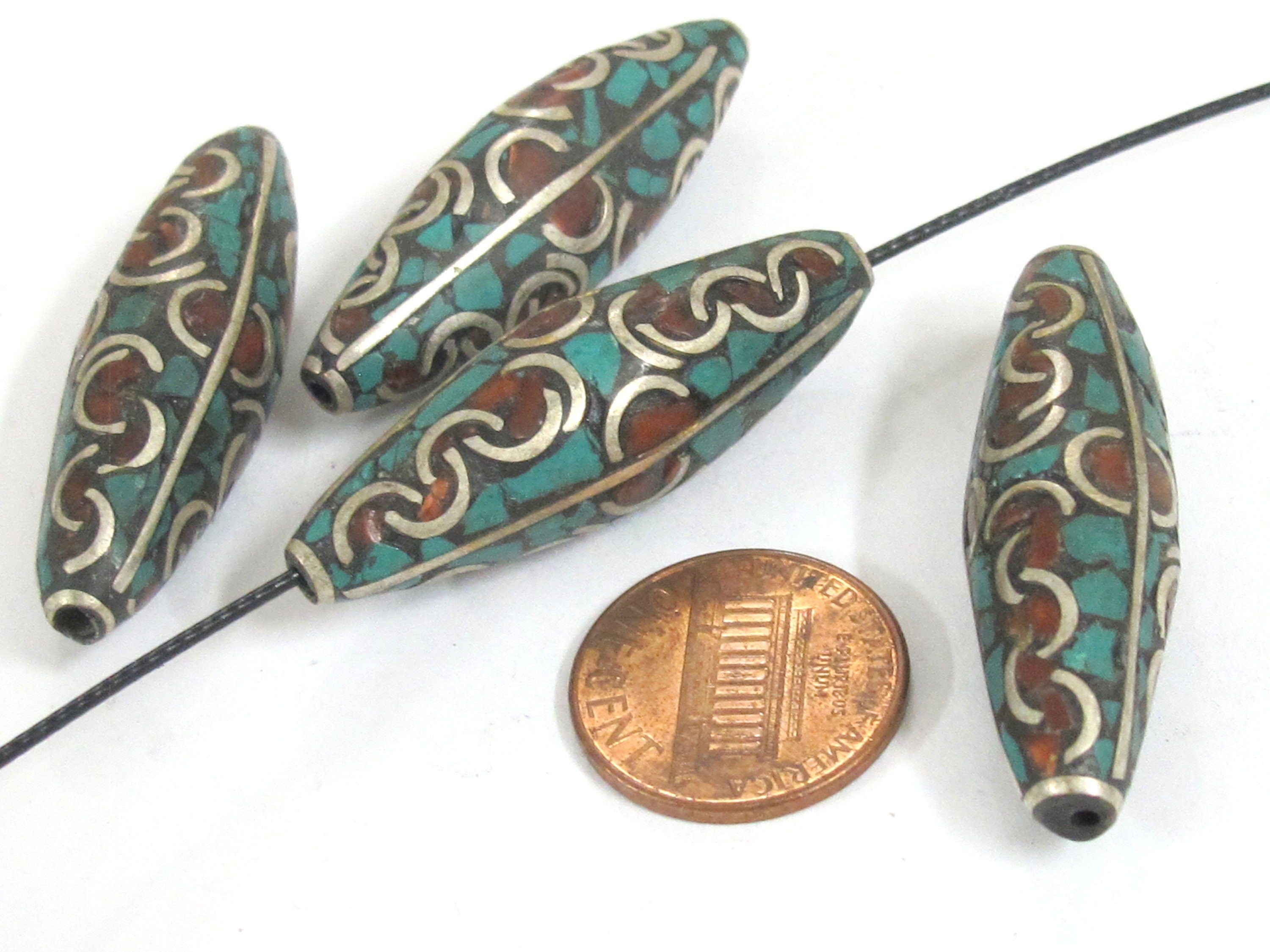 2 Beads - Large long ethnic Nepal beads Tibetan beads silver finish brass bead with turquoise coral inlaid wavy curl design Nepal - BD991