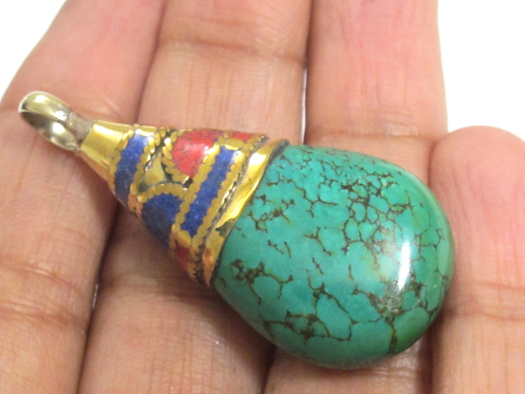 1 Pendant - Beautiful Ethnic Nepal Tibetan turquoise drop pendant with brass bail lapis inlay -- PM578