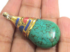 1 Pendant - Beautiful Ethnic Nepal Tibetan turquoise drop pendant with brass bail lapis inlay -- PM578