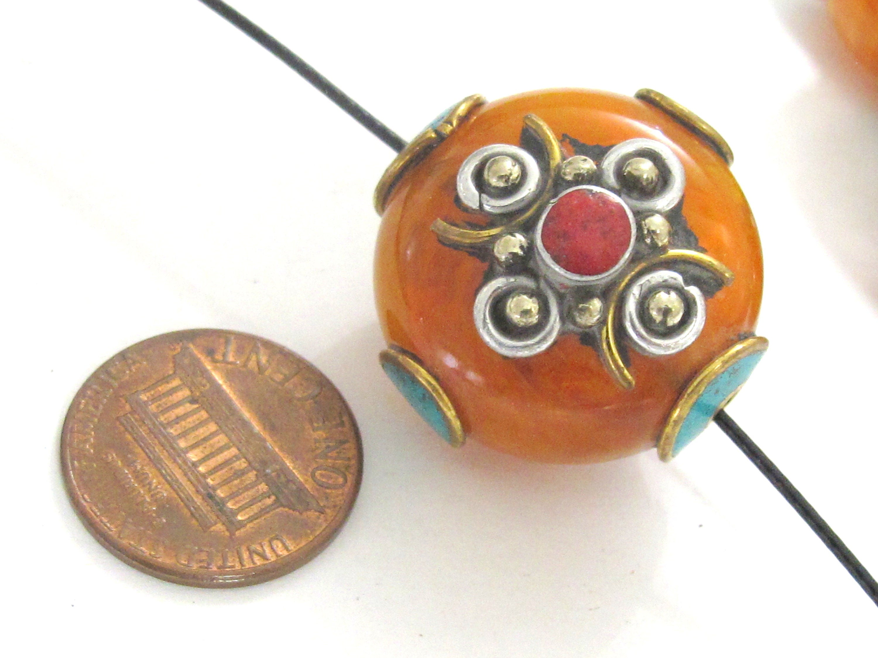 1 BEAD - Tibetan bead honey copal resin reversible beads inlaid with brass coral and turquoise Nepal beads nepalbeadshop- BD626K