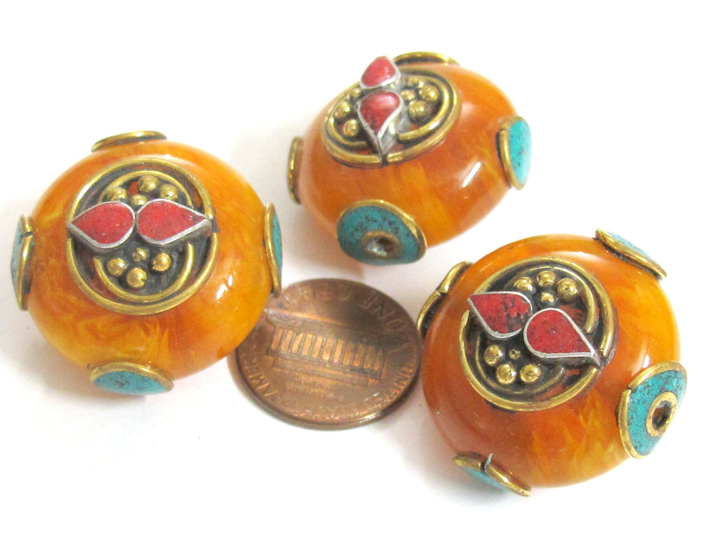 1 BEAD - Tibetan bead honey copal resin reversible beads inlaid with brass coral and turquoise Nepal beads nepalbeadshop- BD628K