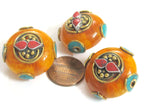 1 BEAD - Tibetan bead honey copal resin reversible beads inlaid with brass coral and turquoise Nepal beads nepalbeadshop- BD628K