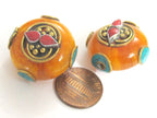 1 BEAD - Tibetan bead honey copal resin reversible beads inlaid with brass coral and turquoise Nepal beads nepalbeadshop- BD628K