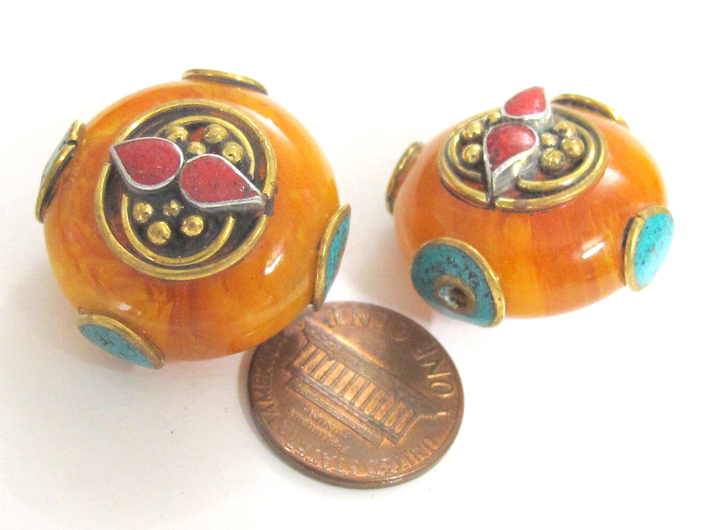 1 BEAD - Tibetan bead honey copal resin reversible beads inlaid with brass coral and turquoise Nepal beads nepalbeadshop- BD628K