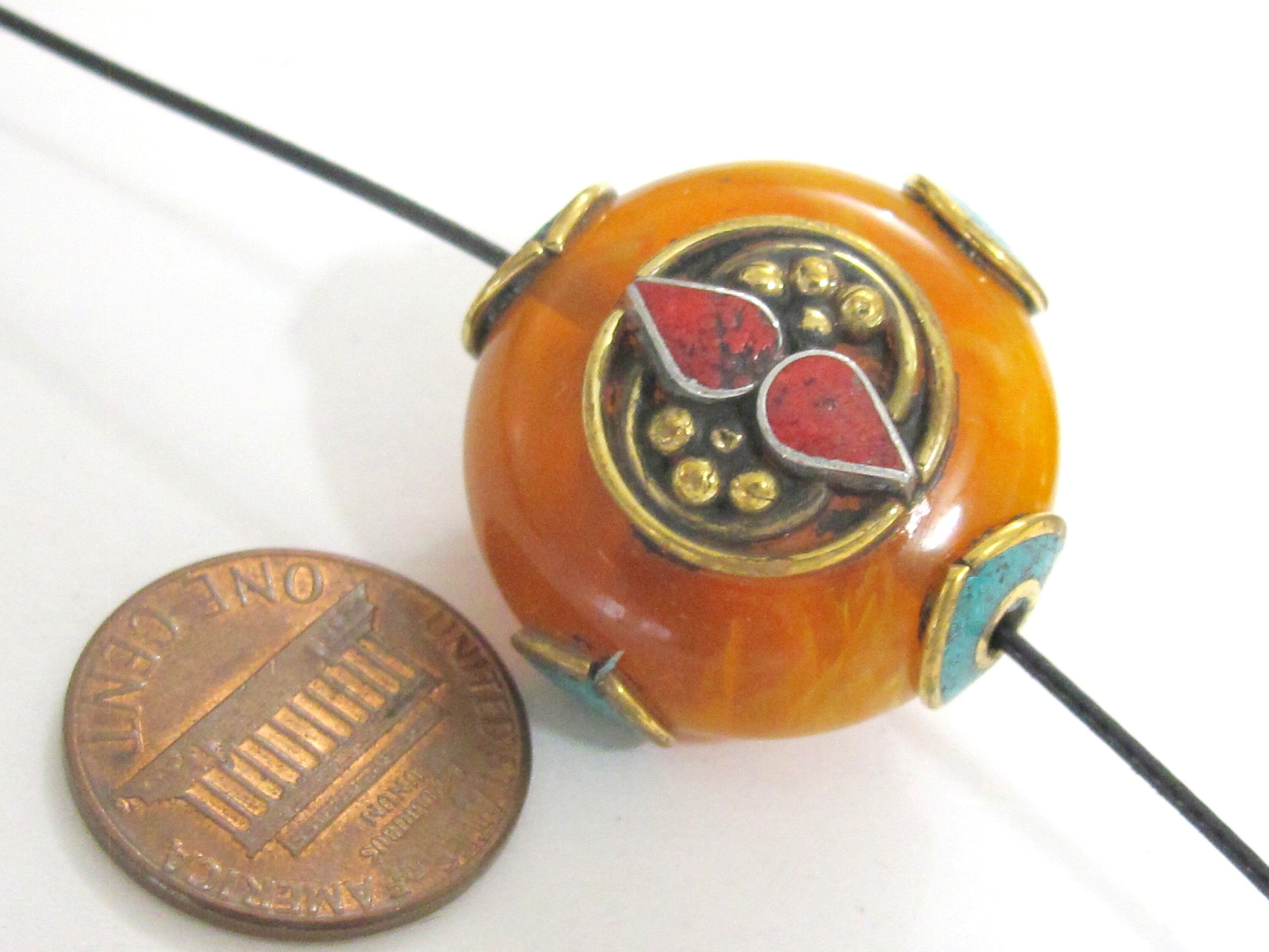 1 BEAD - Tibetan bead honey copal resin reversible beads inlaid with brass coral and turquoise Nepal beads nepalbeadshop- BD628K