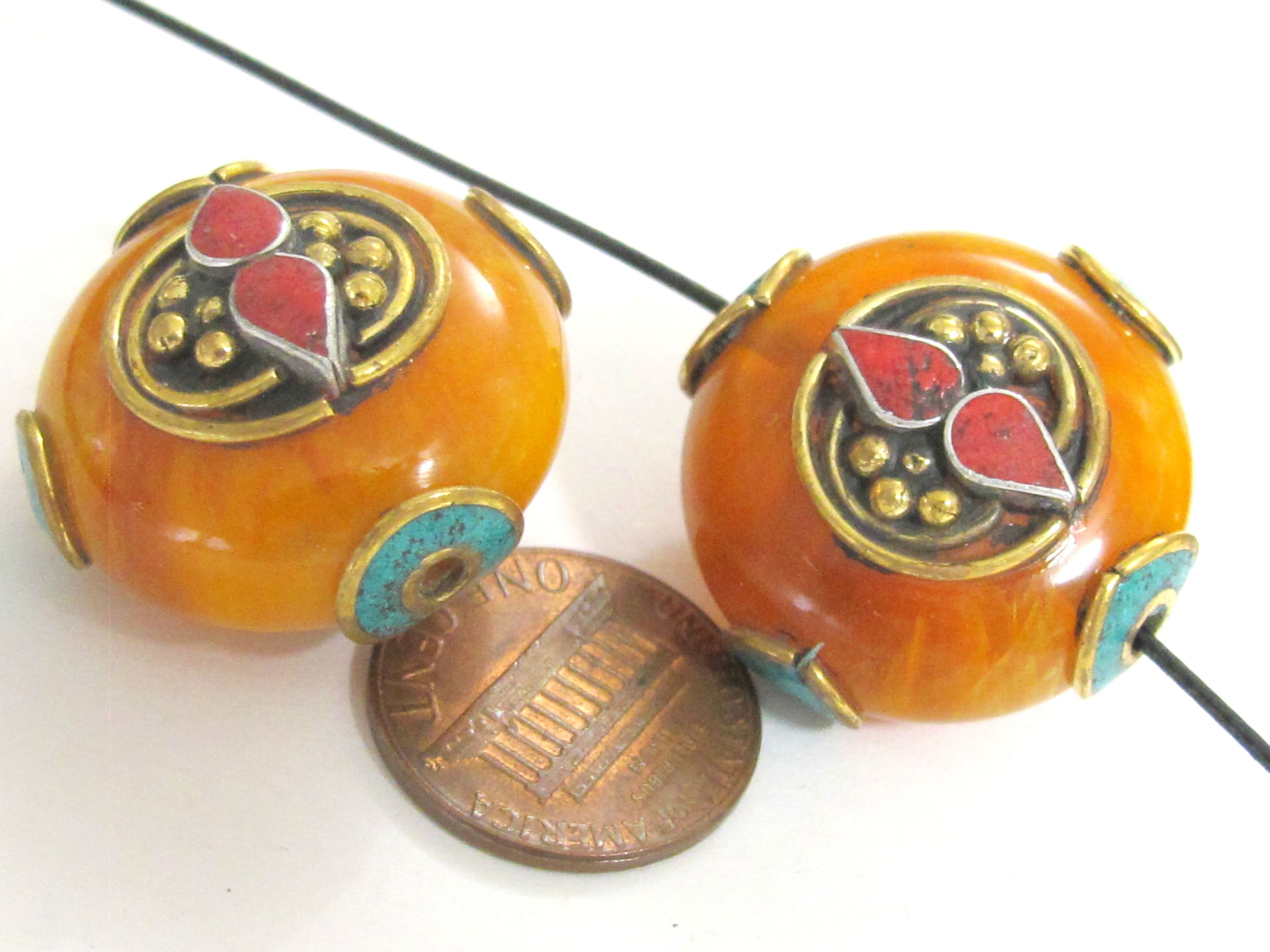 1 BEAD - Tibetan bead honey copal resin reversible beads inlaid with brass coral and turquoise Nepal beads nepalbeadshop- BD628K