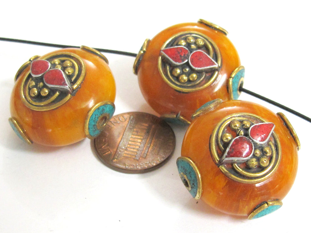 1 BEAD - Tibetan bead honey copal resin reversible beads inlaid with brass coral and turquoise Nepal beads nepalbeadshop- BD628K