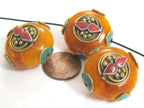 1 BEAD - Tibetan bead honey copal resin reversible beads inlaid with brass coral and turquoise Nepal beads nepalbeadshop- BD628K