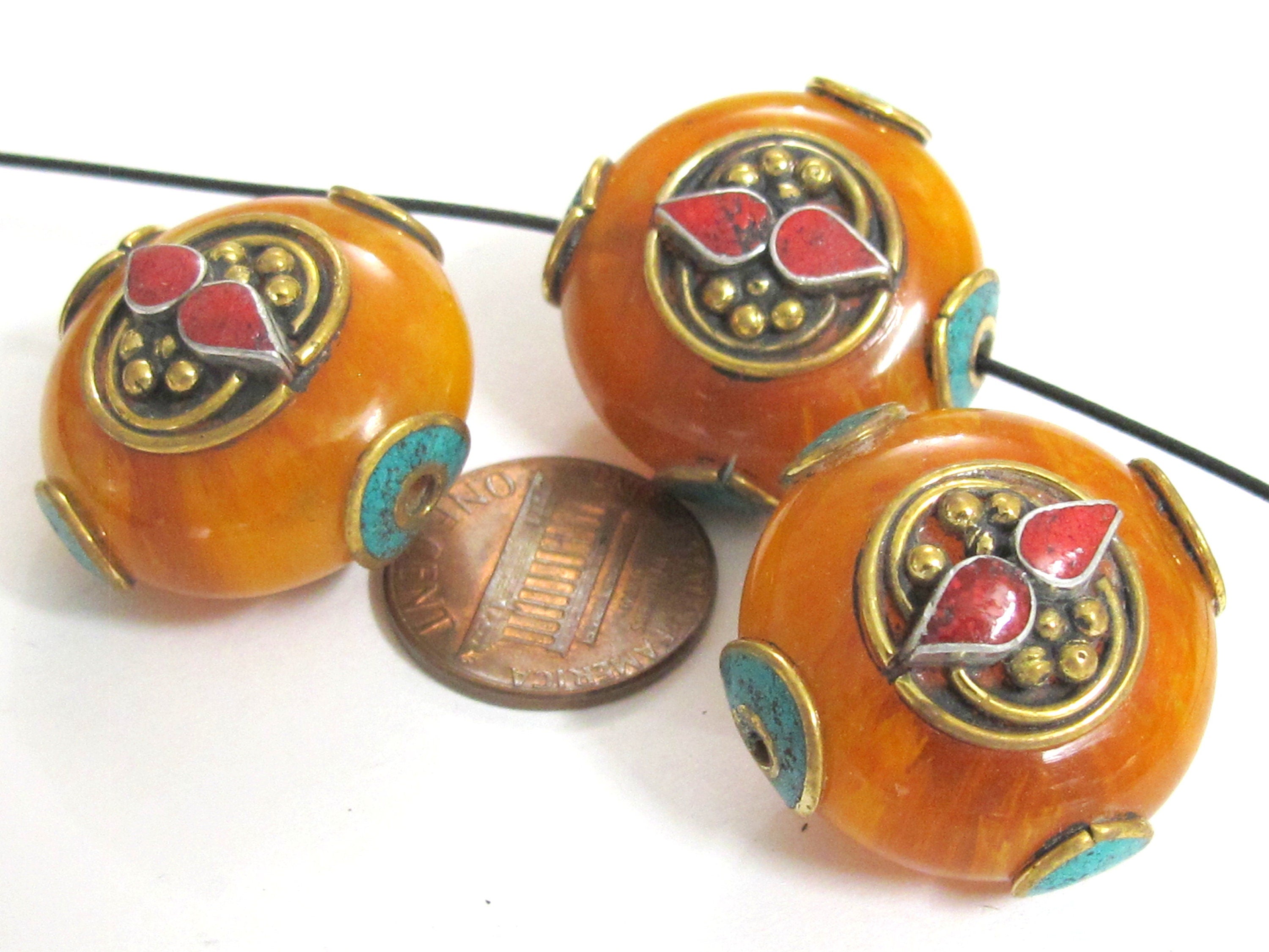 1 BEAD - Tibetan bead honey copal resin reversible beads inlaid with brass coral and turquoise Nepal beads nepalbeadshop- BD628K