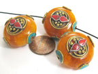 1 BEAD - Tibetan bead honey copal resin reversible beads inlaid with brass coral and turquoise Nepal beads nepalbeadshop- BD628K