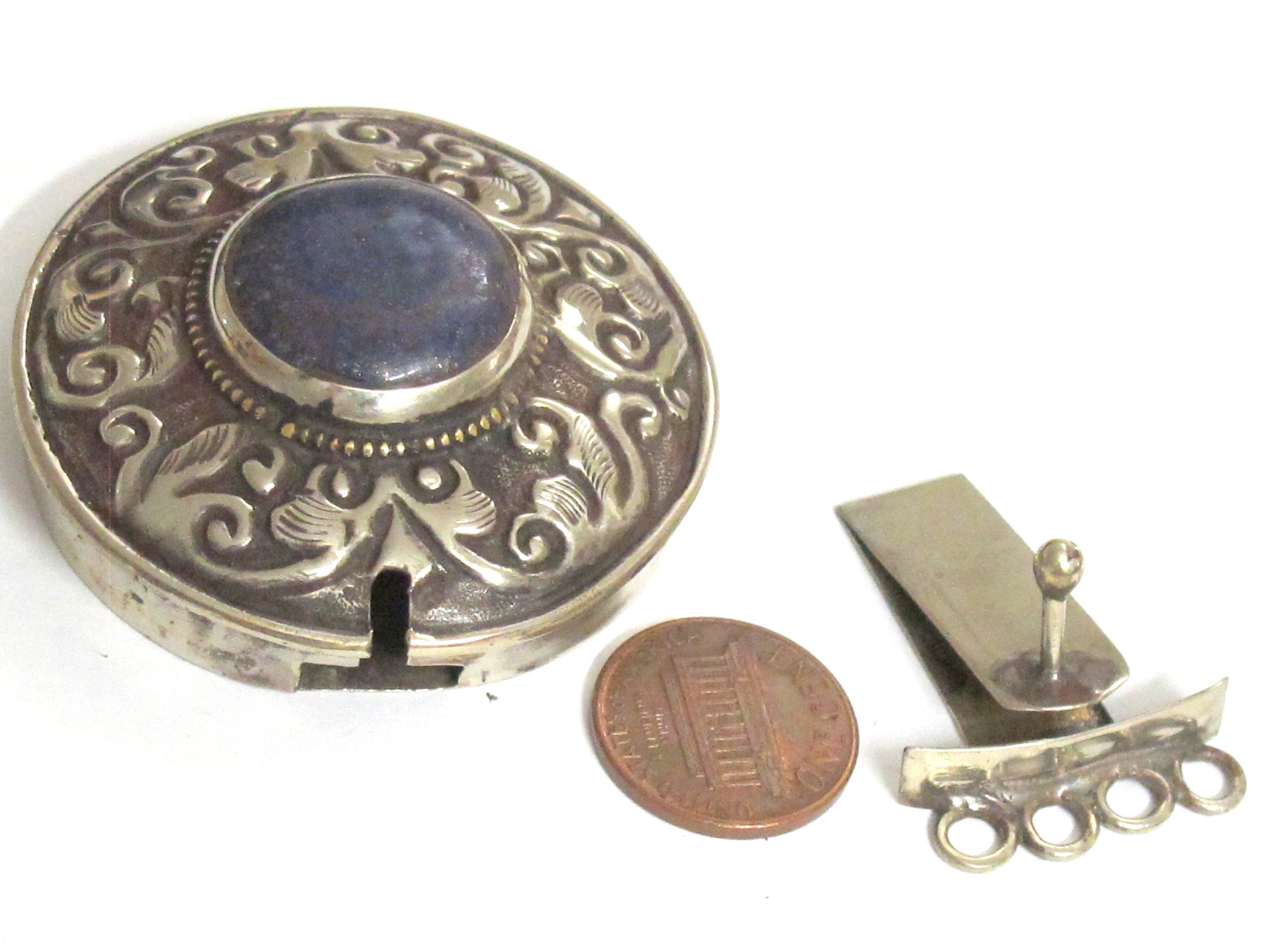 SALE - 1 clasp - Tibetan Nepal lapis lazuli gemstone clasp findings Large ethnic Tibetan silver lapis inlaid box clasp pendant - PM414B