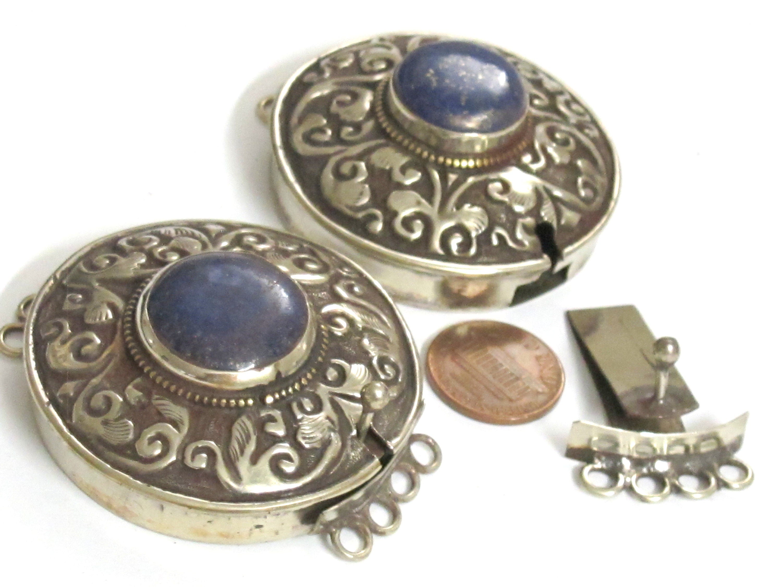 SALE - 1 clasp - Tibetan Nepal lapis lazuli gemstone clasp findings Large ethnic Tibetan silver lapis inlaid box clasp pendant - PM414B