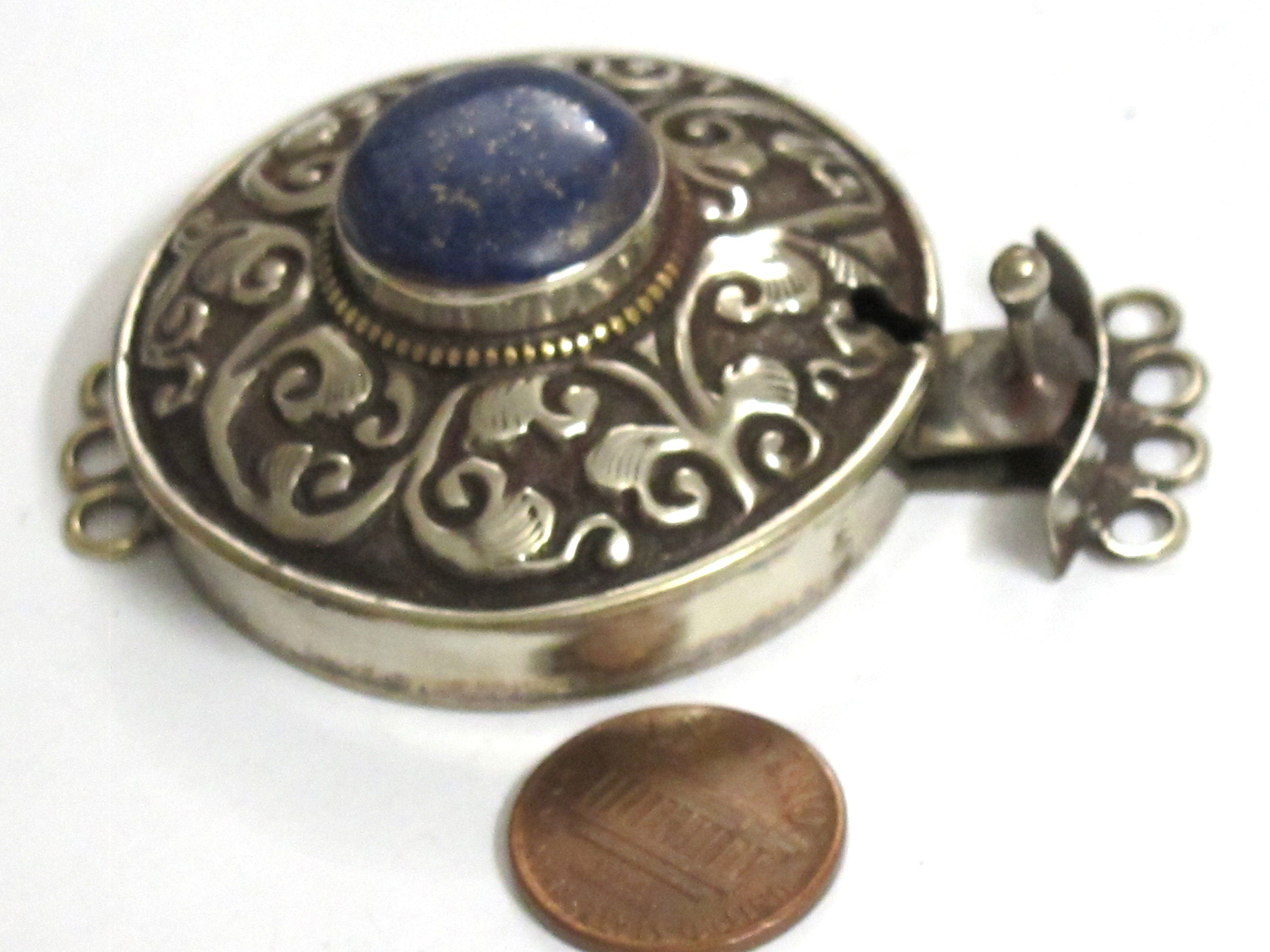 SALE - 1 clasp - Tibetan Nepal lapis lazuli gemstone clasp findings Large ethnic Tibetan silver lapis inlaid box clasp pendant - PM414B