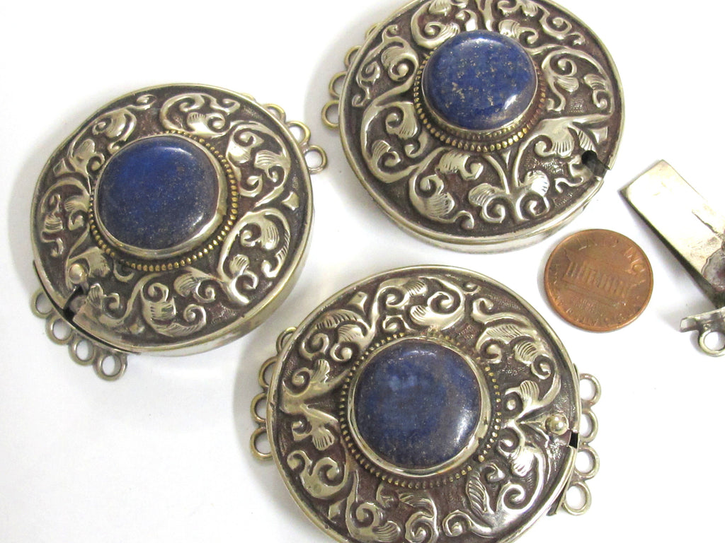 SALE - 1 clasp - Tibetan Nepal lapis lazuli gemstone clasp findings Large ethnic Tibetan silver lapis inlaid box clasp pendant - PM414B