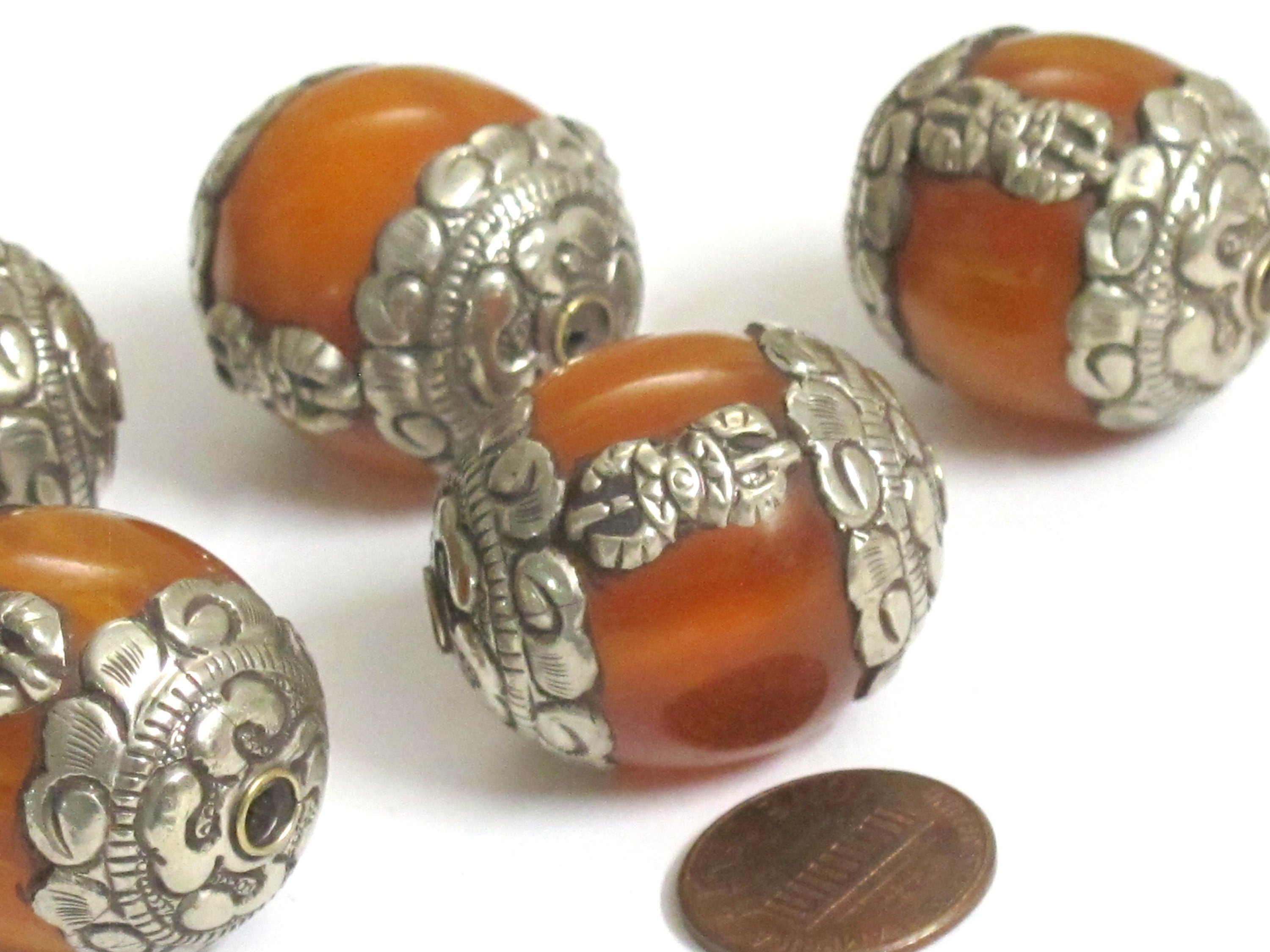 1 bead - Wholesale bulk Nepal beads Tibetan copal resin capped bead with tibetan silver dorje vajra symbol - BD473K