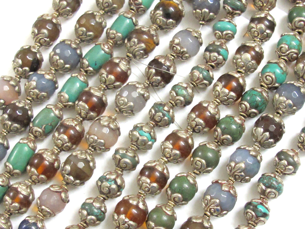4 Beads - Mix Tibetan silver capped gemtone beads from Nepal turquoise agate quartz mix - BD582K