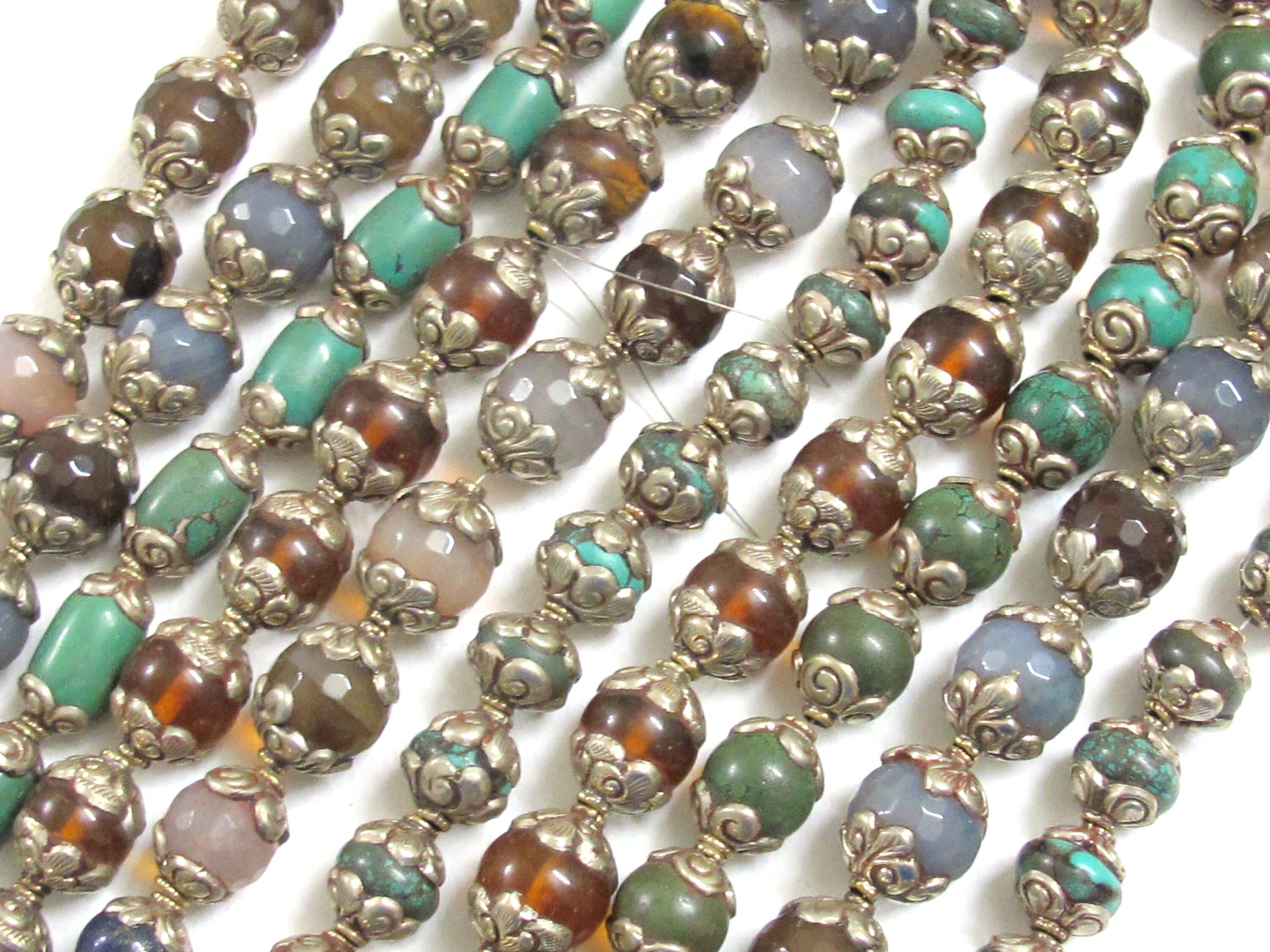 4 Beads - Mix Tibetan silver capped gemtone beads from Nepal turquoise agate quartz mix - BD582K