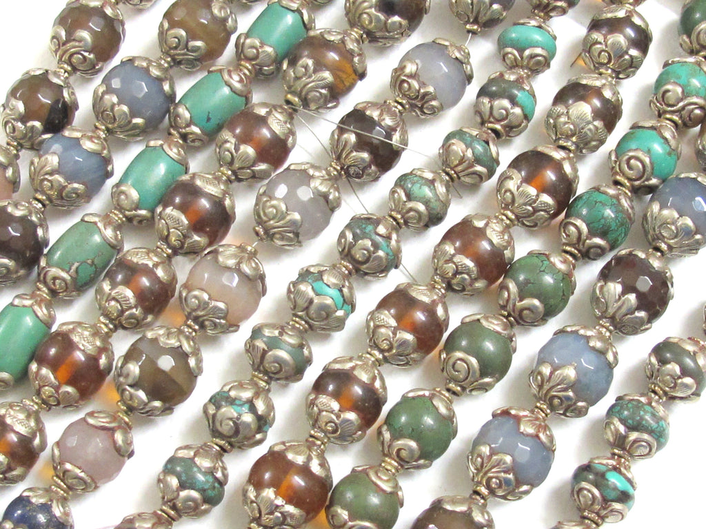 4 Beads - Mix Tibetan silver capped gemtone beads from Nepal turquoise agate quartz mix - BD582K