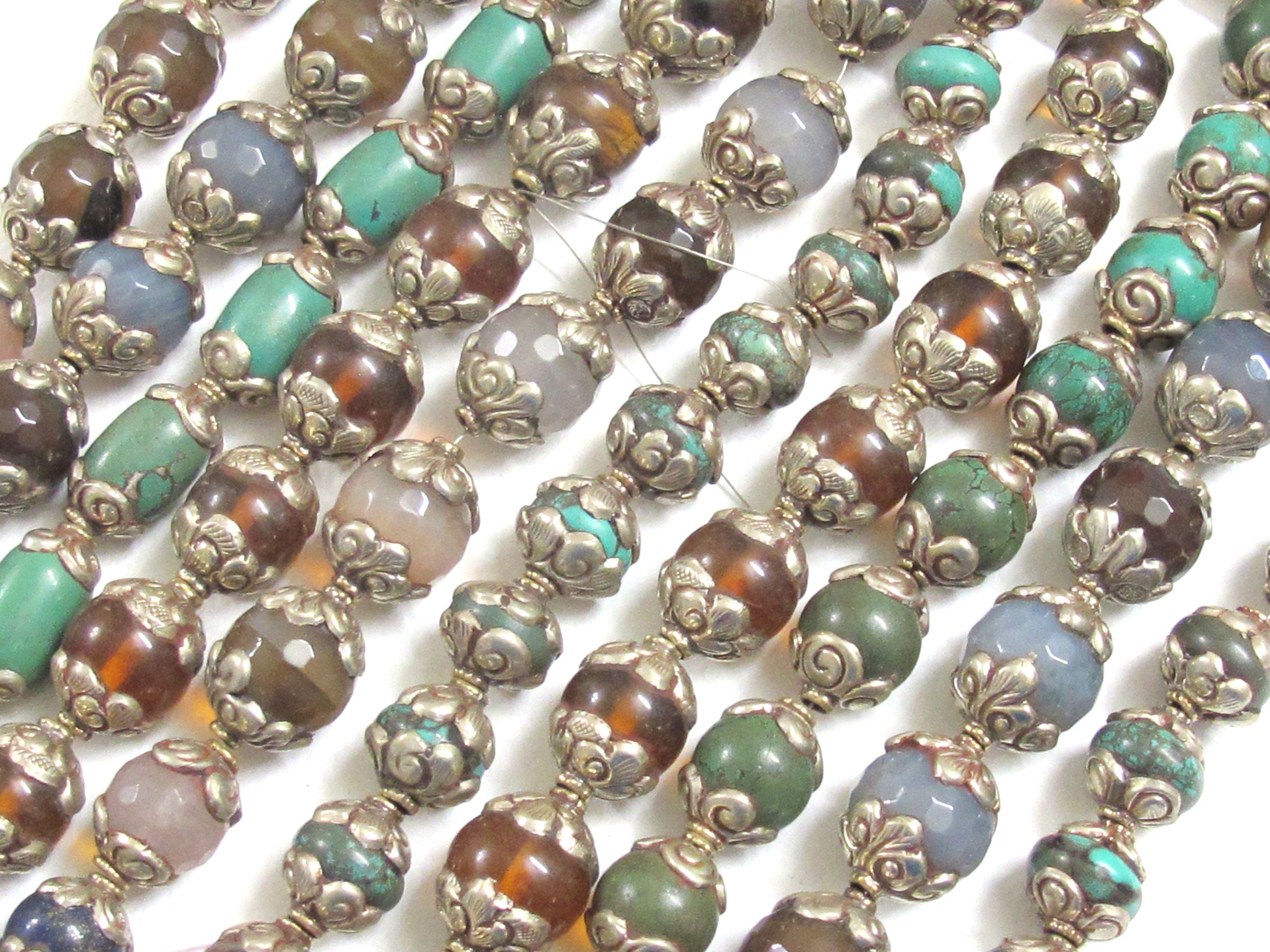 4 Beads - Mix Tibetan silver capped gemtone beads from Nepal turquoise agate quartz mix - BD582K