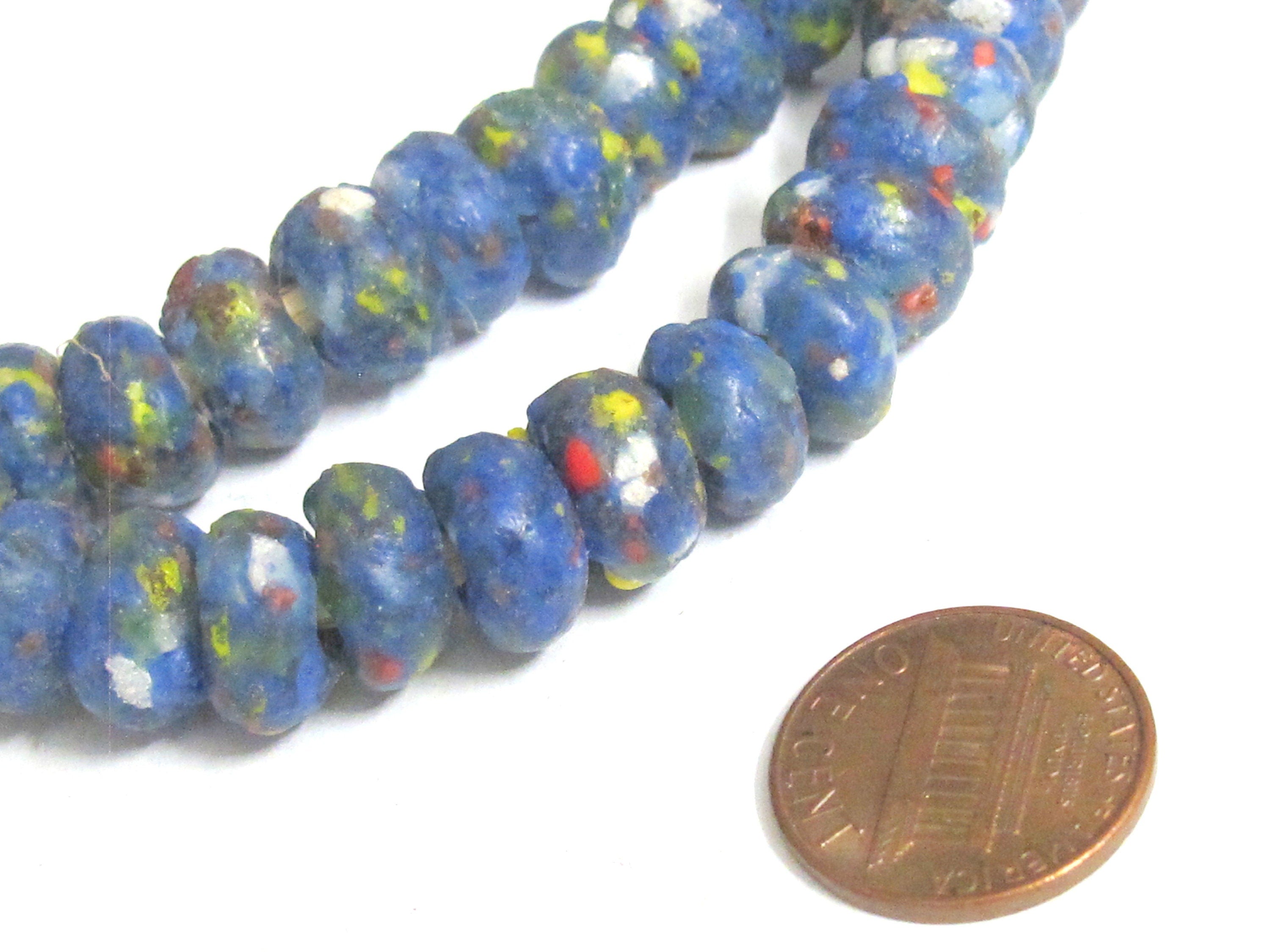 25 BEADS - African glass beads - African recycled glass donut shape beads blue color - AB073