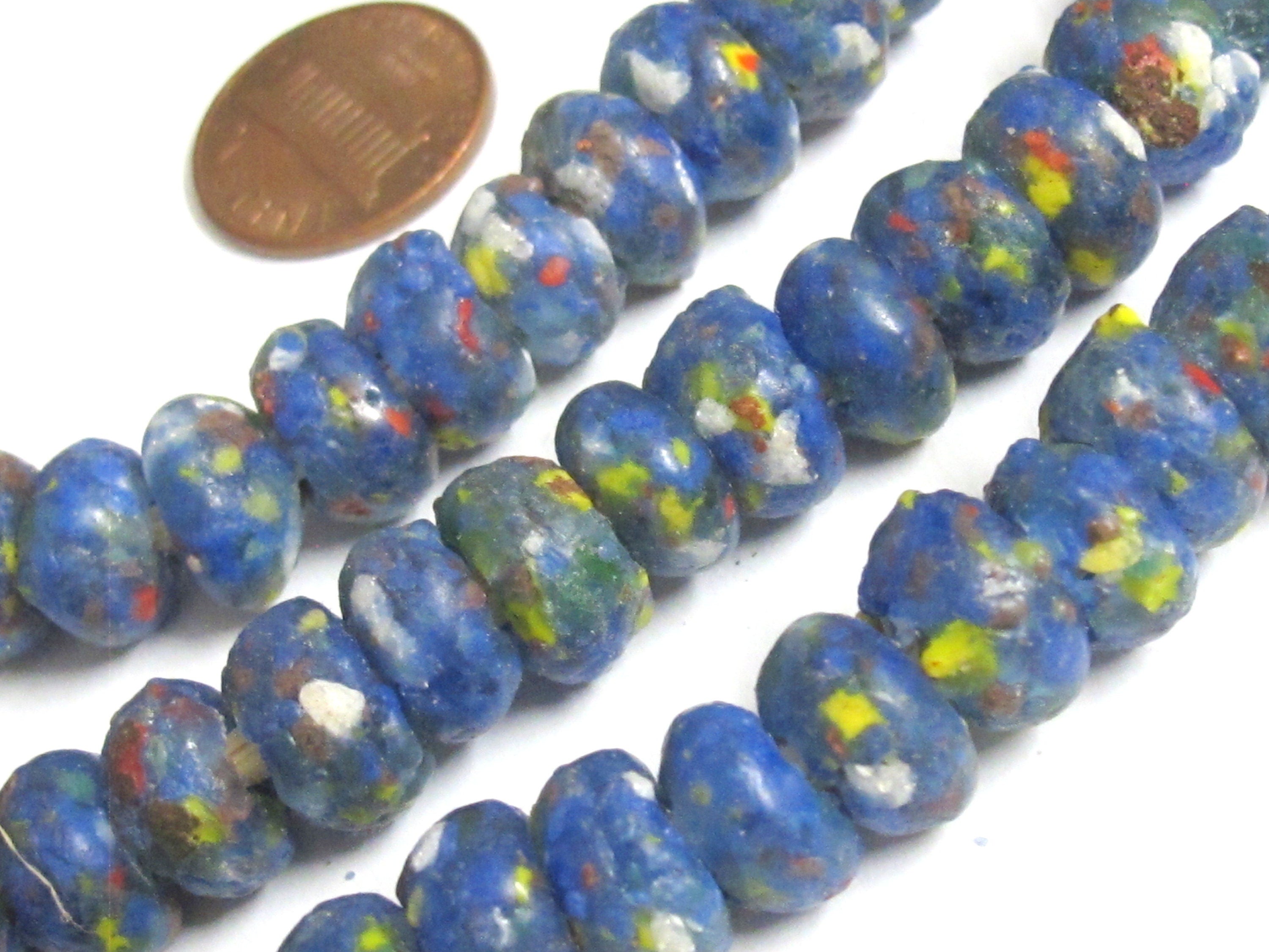 25 BEADS - African glass beads - African recycled glass donut shape beads blue color - AB073