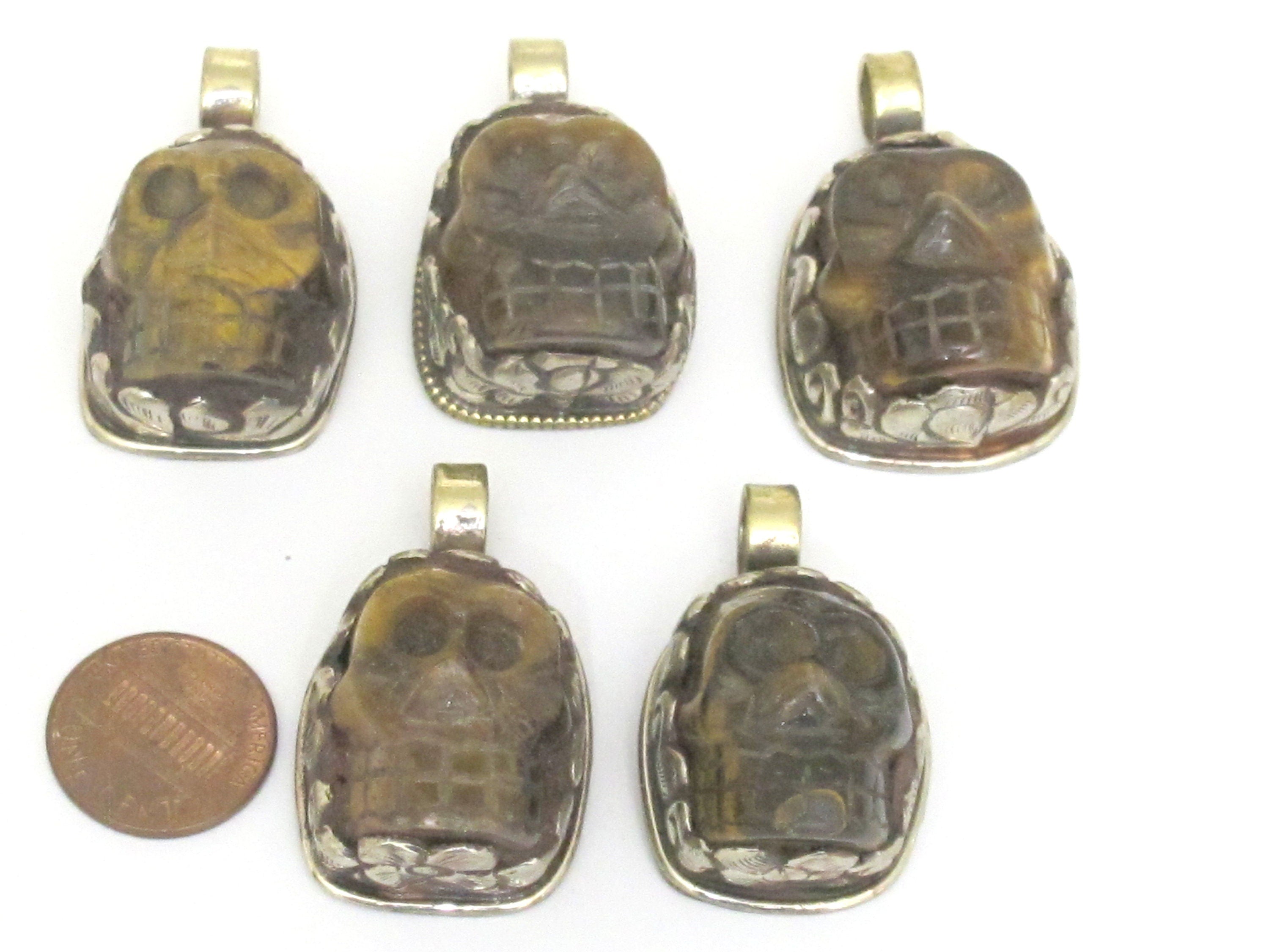 1 Pendant - Gorgeous tribal carved skeleton skull head face tigers eye gemstone pendant with floral carving - PM348K