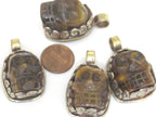 1 Pendant - Gorgeous tribal carved skeleton skull head face tigers eye gemstone pendant with floral carving - PM348K