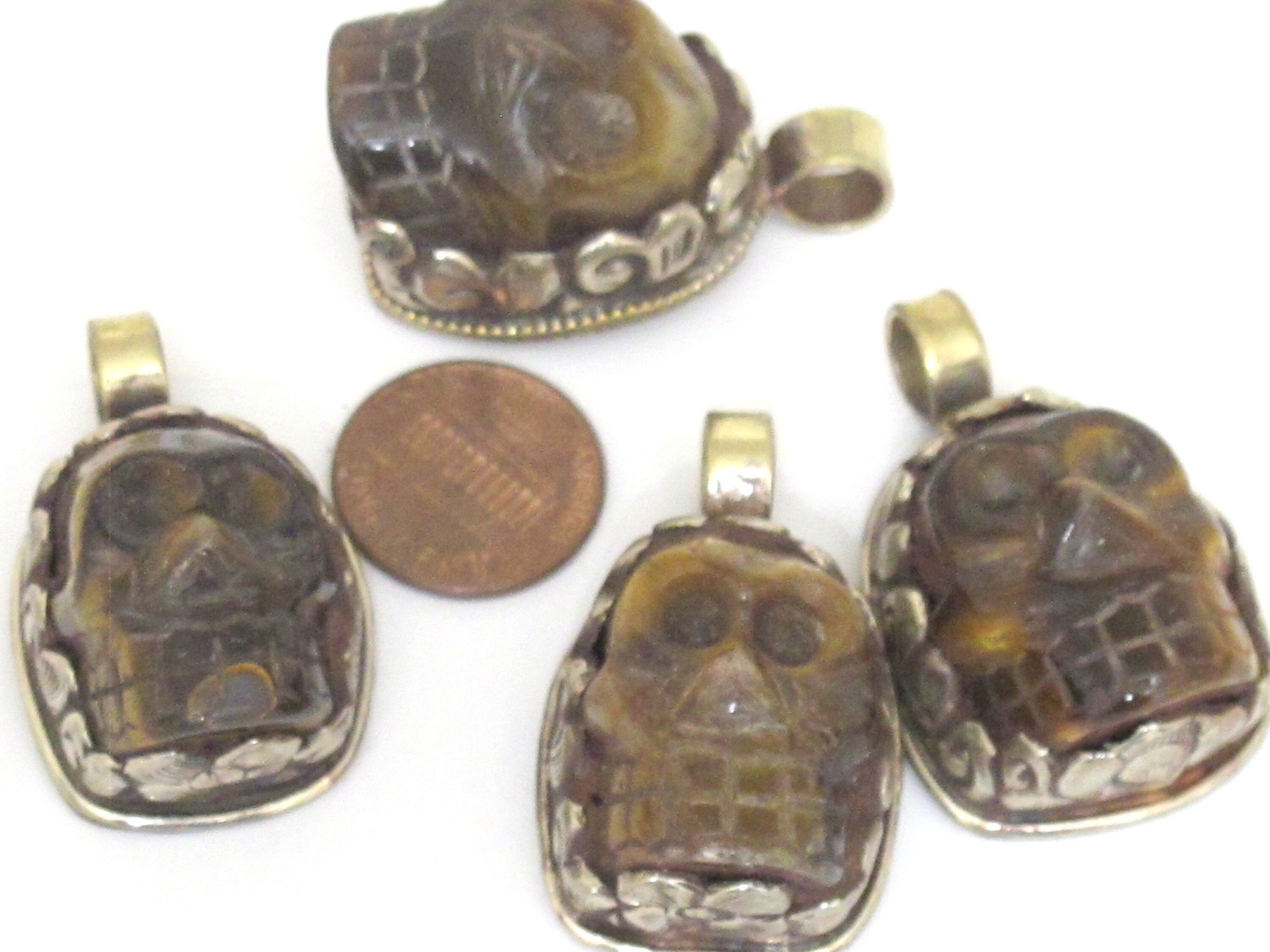 1 Pendant - Gorgeous tribal carved skeleton skull head face tigers eye gemstone pendant with floral carving - PM348K