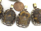 1 Pendant - Gorgeous tribal carved skeleton skull head face tigers eye gemstone pendant with floral carving - PM348K