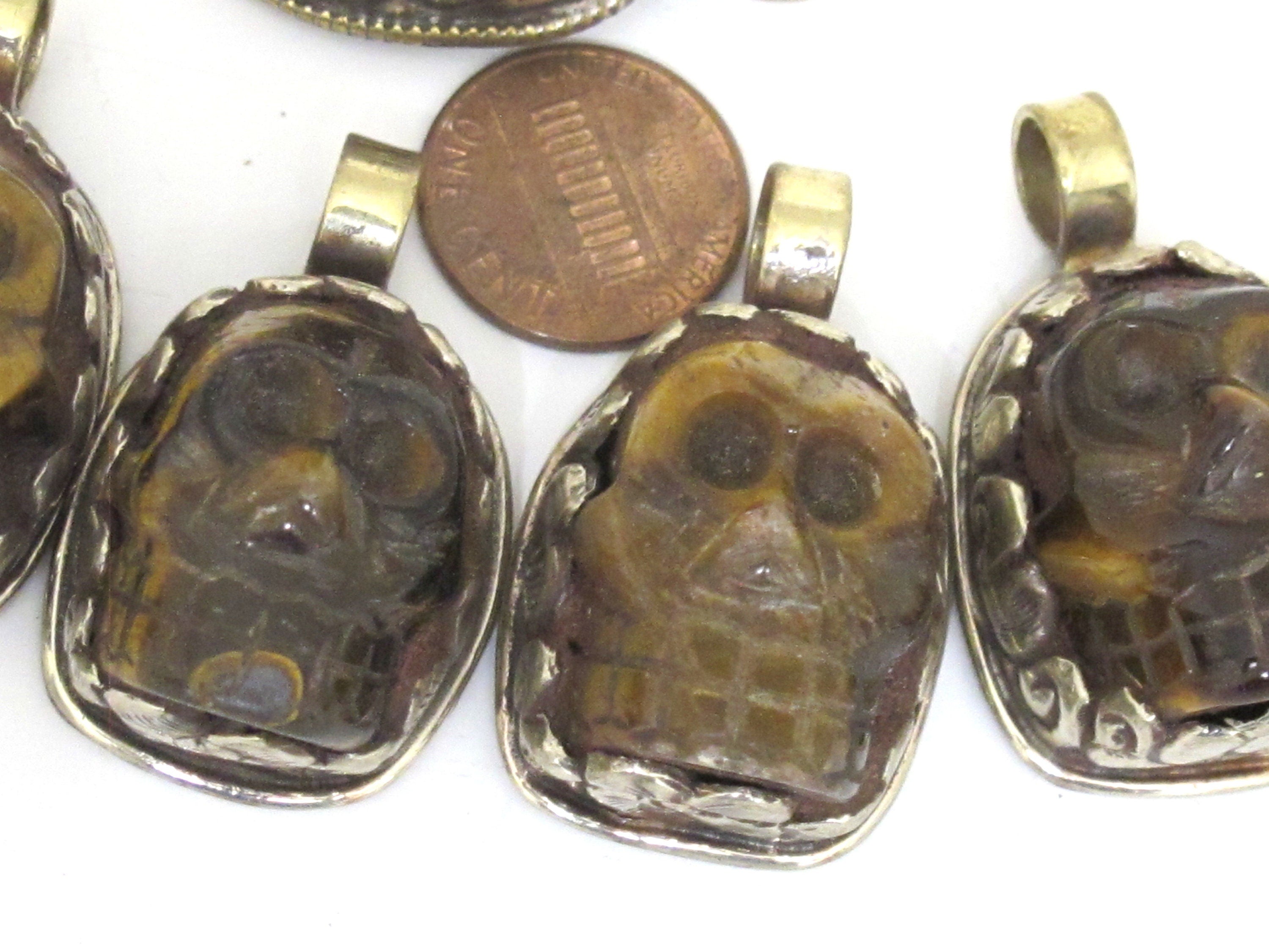 1 Pendant - Gorgeous tribal carved skeleton skull head face tigers eye gemstone pendant with floral carving - PM348K