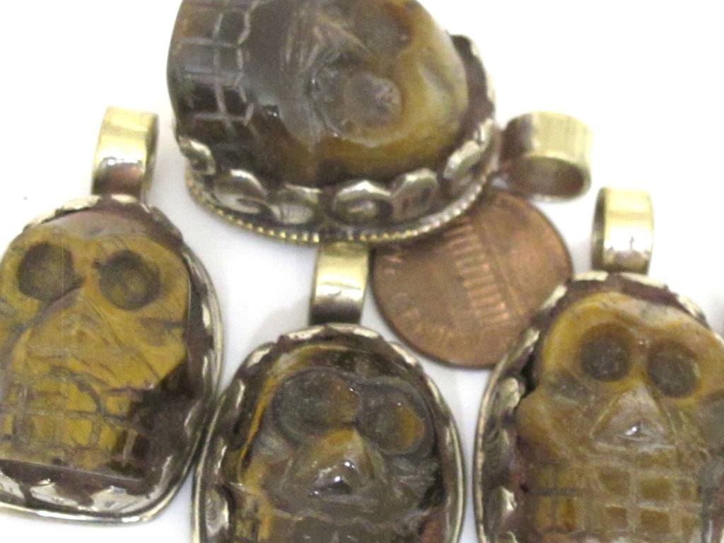 1 Pendant - Gorgeous tribal carved skeleton skull head face tigers eye gemstone pendant with floral carving - PM348K