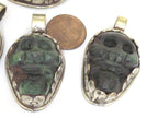 1 Pendant - Gorgeous tribal carved skeleton skull head face green agate gemstone pendant with floral carving - PM348P