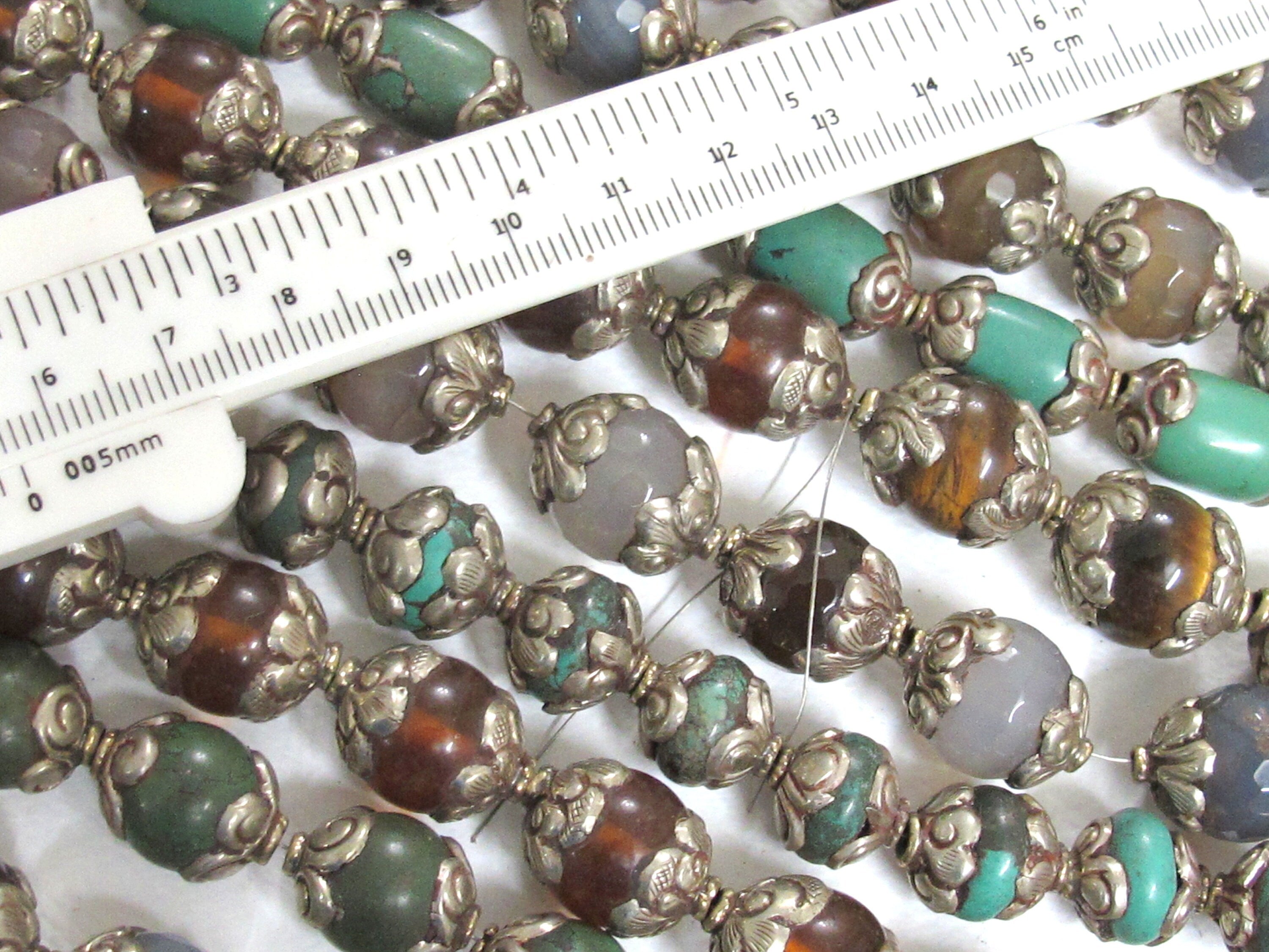 4 Beads - Mix Tibetan silver capped gemtone beads from Nepal turquoise agate quartz mix - BD582K