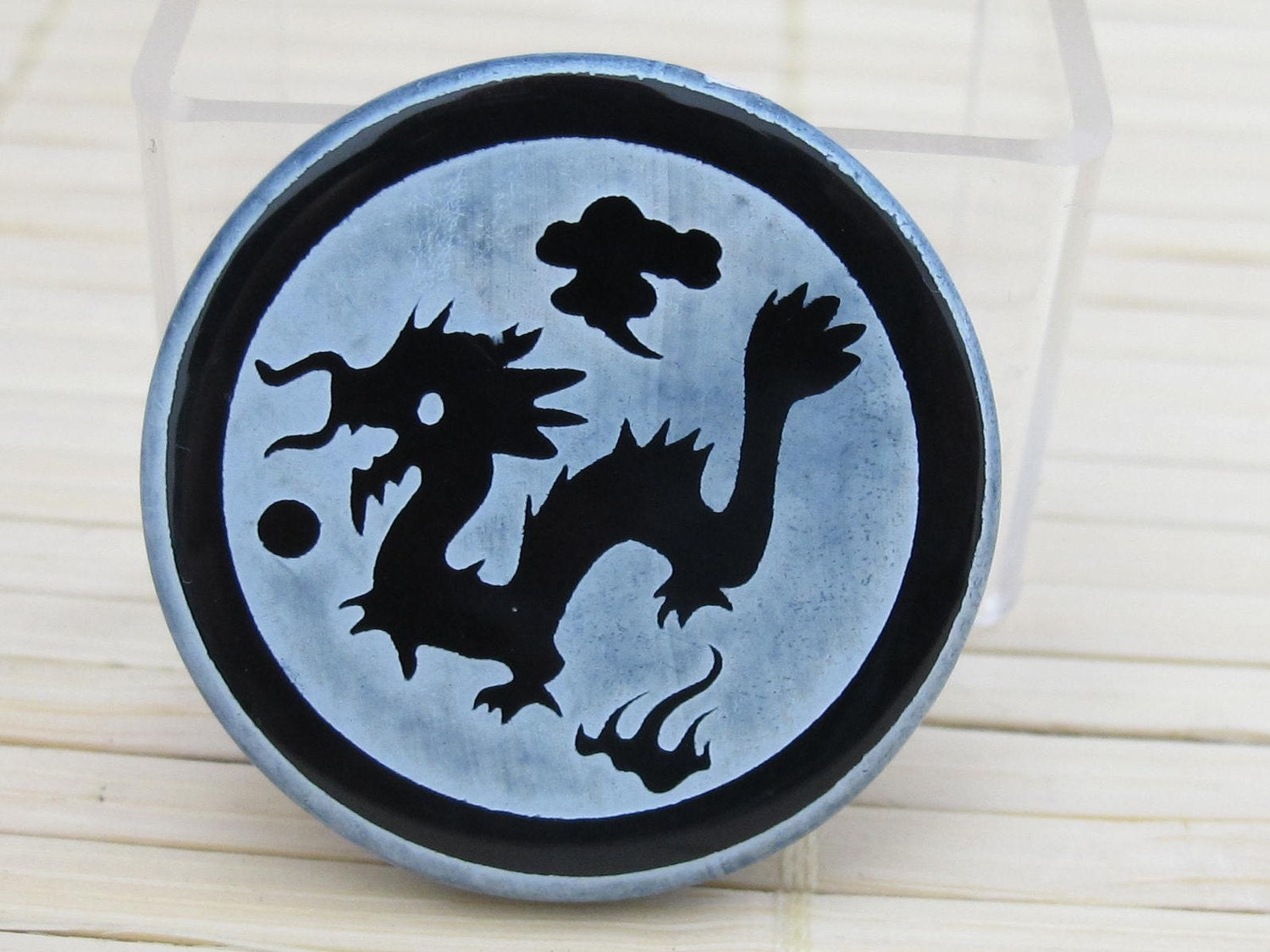 1 Bead-Tibetan dragon etched black onyx disc bead - Great for making a pendant - BD162