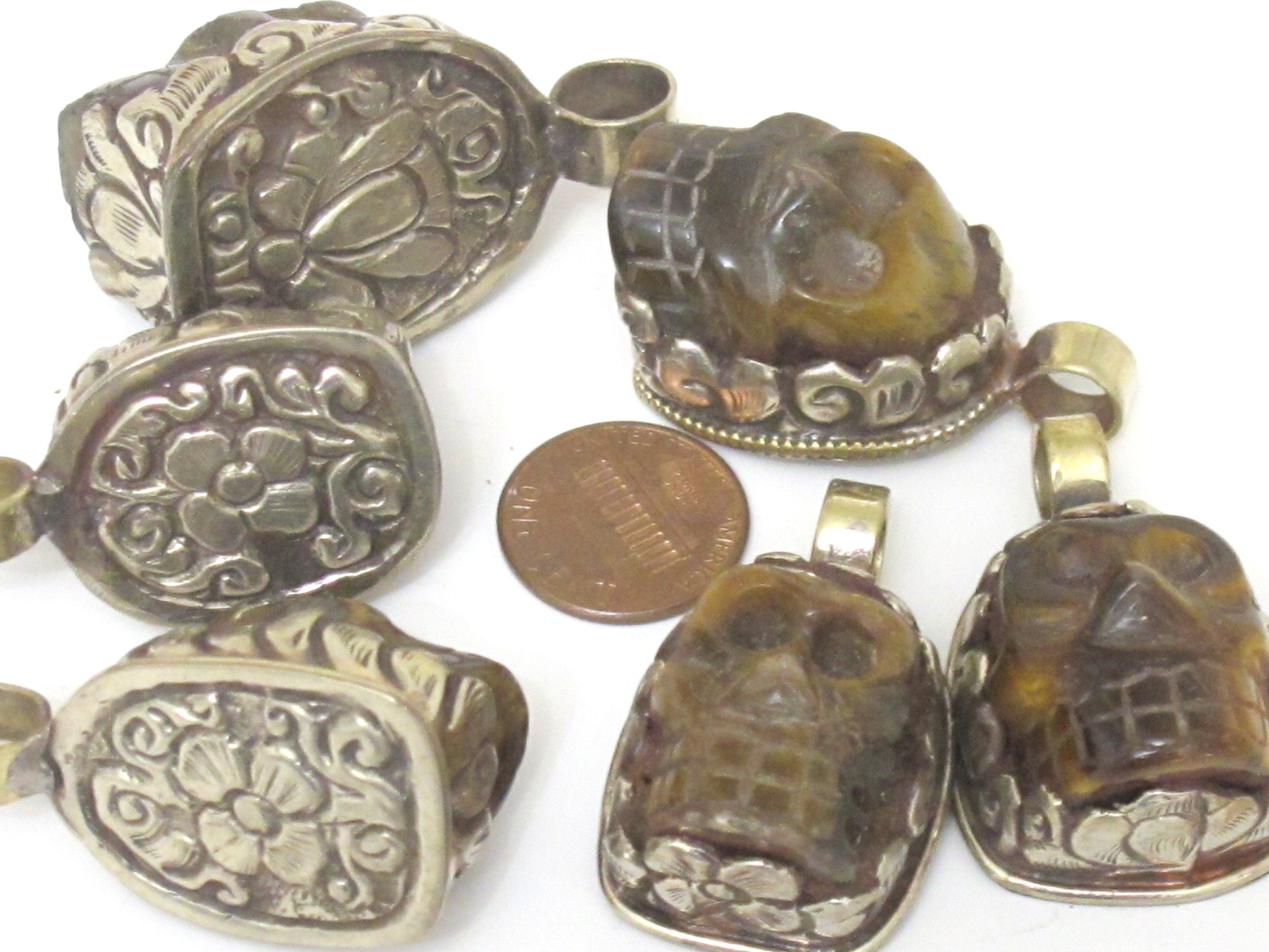1 Pendant - Gorgeous tribal carved skeleton skull head face tigers eye gemstone pendant with floral carving - PM348K
