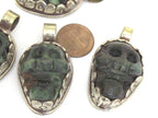 1 Pendant - Gorgeous tribal carved skeleton skull head face green agate gemstone pendant with floral carving - PM348P