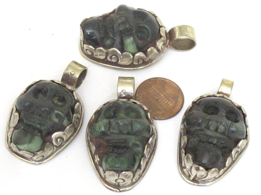 1 Pendant - Gorgeous tribal carved skeleton skull head face green agate gemstone pendant with floral carving - PM348P