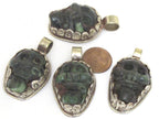 1 Pendant - Gorgeous tribal carved skeleton skull head face green agate gemstone pendant with floral carving - PM348P