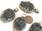 1 Pendant - Gorgeous tribal carved skeleton skull head face green agate gemstone pendant with floral carving - PM348P