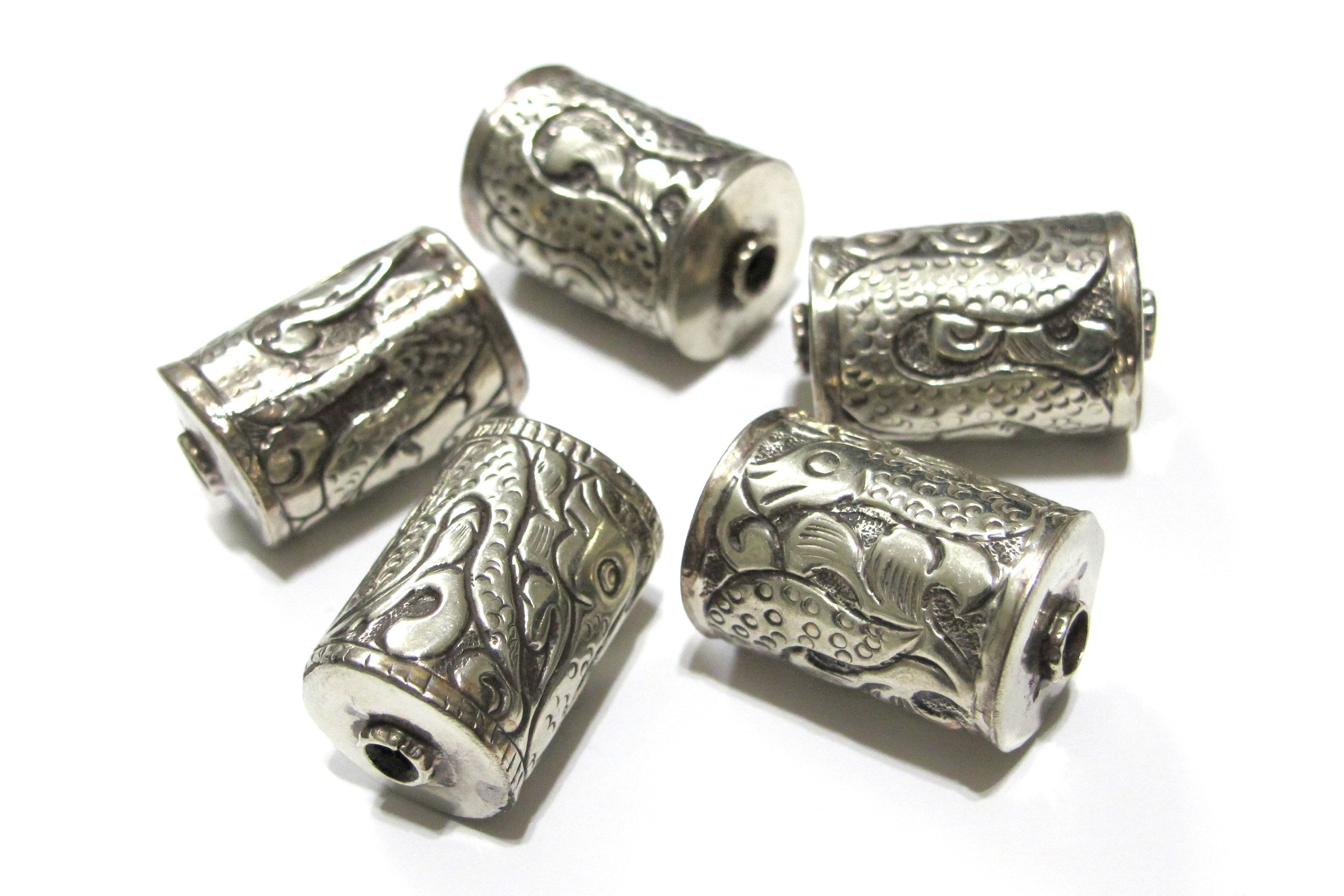1 Bead - Ethnic tibetan bead Nepal bead Tibetan silver bead snake design cylinder focal pendant bead antiqued silver finish BD141