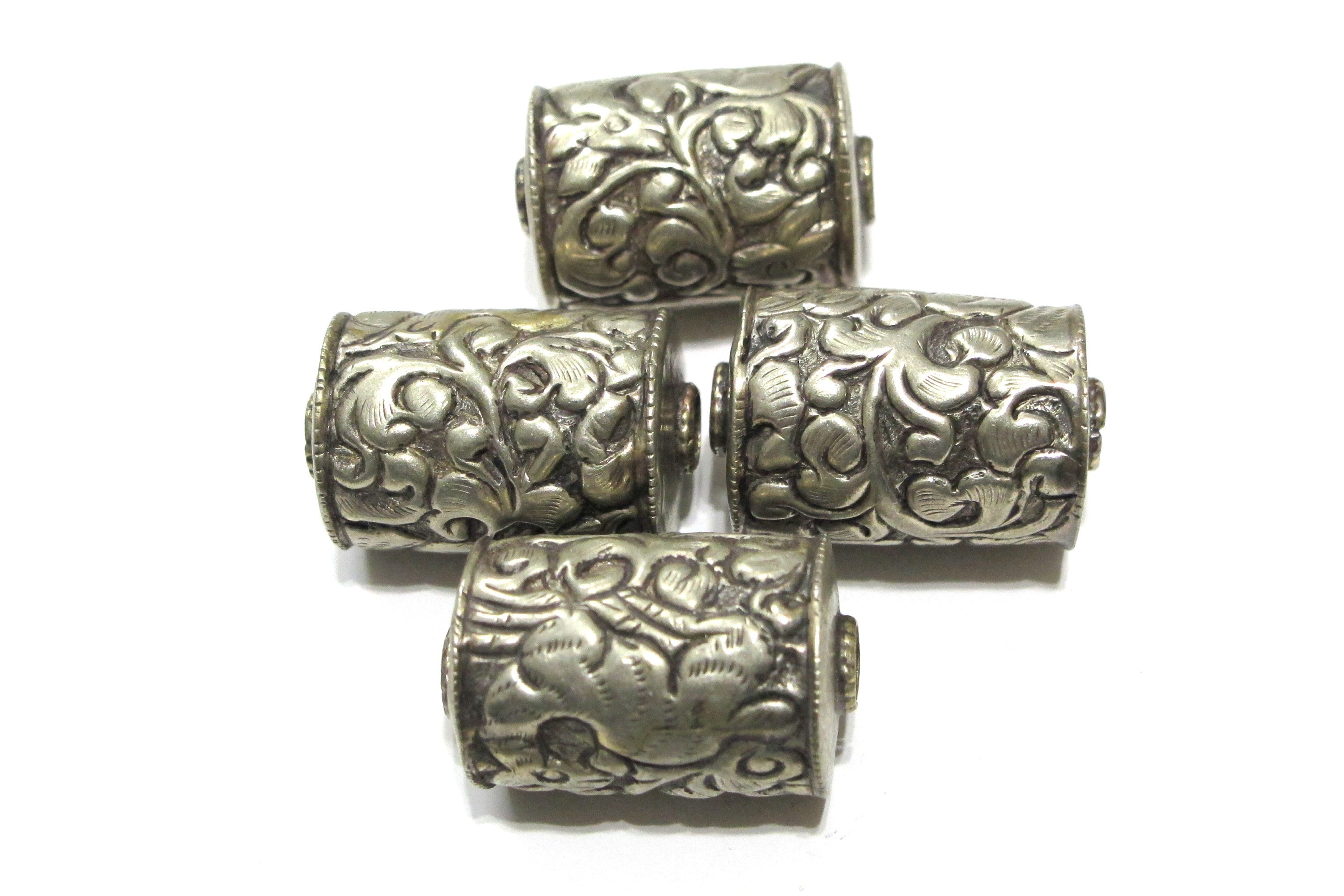 1 Bead - Large Tibetan silver bead floral carving cylinder scroll shape bead Nepal beads Ethnic beads Tibetan bead Nepalbeadshop - BD347