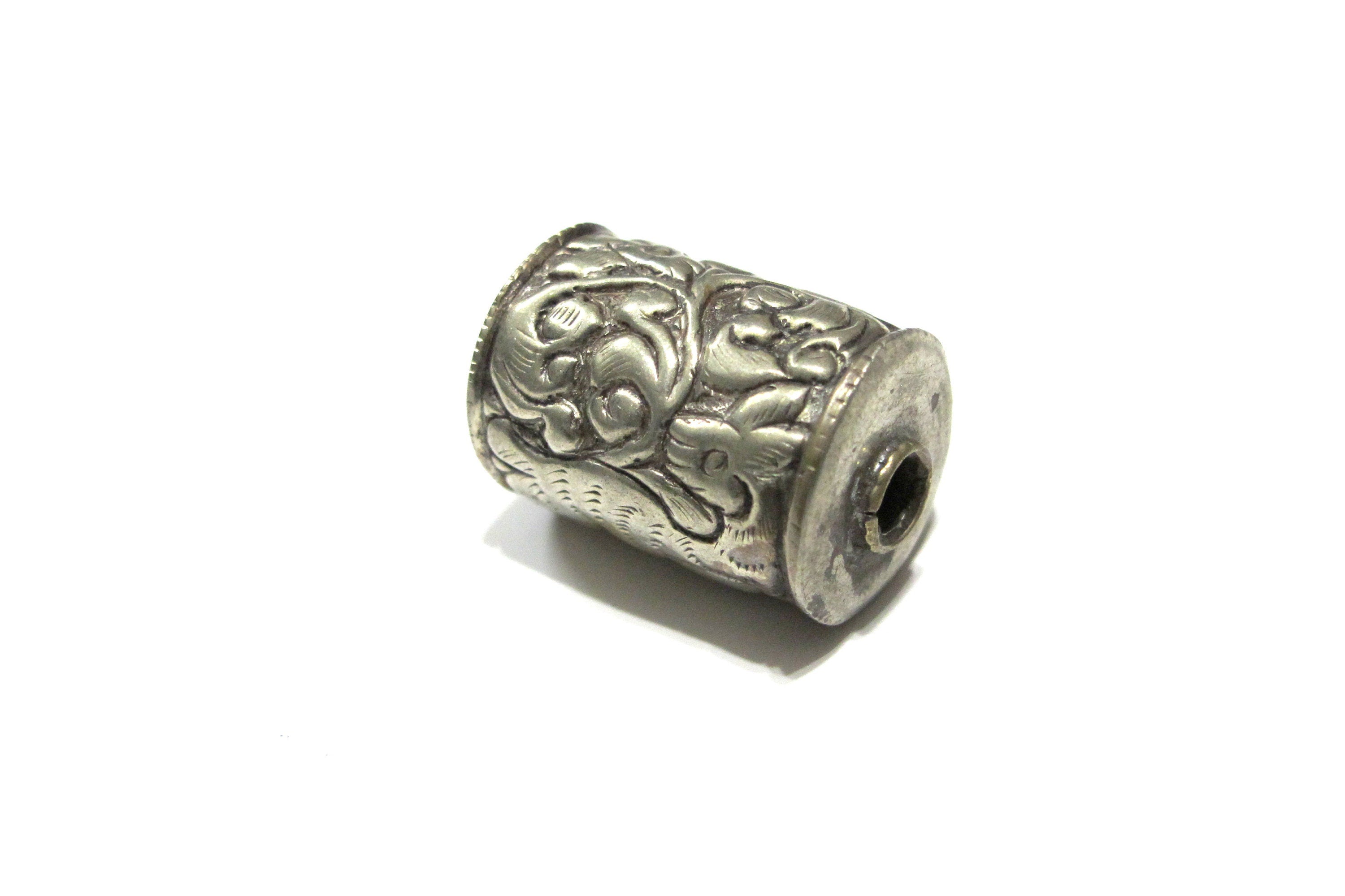 1 Bead - Large Tibetan silver bead floral carving cylinder scroll shape bead Nepal beads Ethnic beads Tibetan bead Nepalbeadshop - BD347