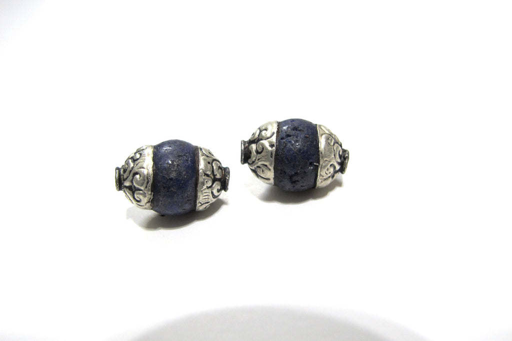 1 bead Tibetan Capped Lapis Lazuli Gemstone Bead Nepal bead Jewelry Supply - focal capped gemstone bead BD362