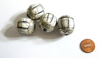 1 Bead - Tibetan bead white cream color crackle resin silver color capped floral design bead Nepal beads big bold size - BD452
