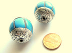 1 Bead- Large grooved melon shape Tibetan silver blue copal resin bead - BD283