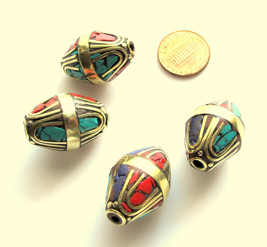 1 BEAD - Large bicone shape Tibetan brass beads with turquoise and lapis inlay ethnic nepal beads tibetan beads inlaid beads - BD139