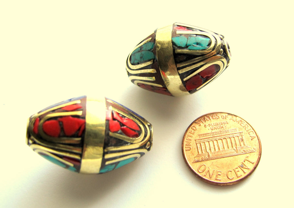 1 BEAD - Large bicone shape Tibetan brass beads with turquoise and lapis inlay ethnic nepal beads tibetan beads inlaid beads - BD139