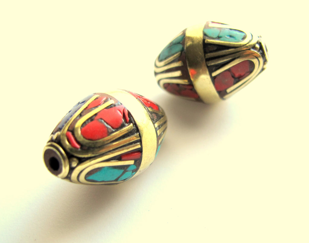 1 BEAD - Large bicone shape Tibetan brass beads with turquoise and lapis inlay ethnic nepal beads tibetan beads inlaid beads - BD139