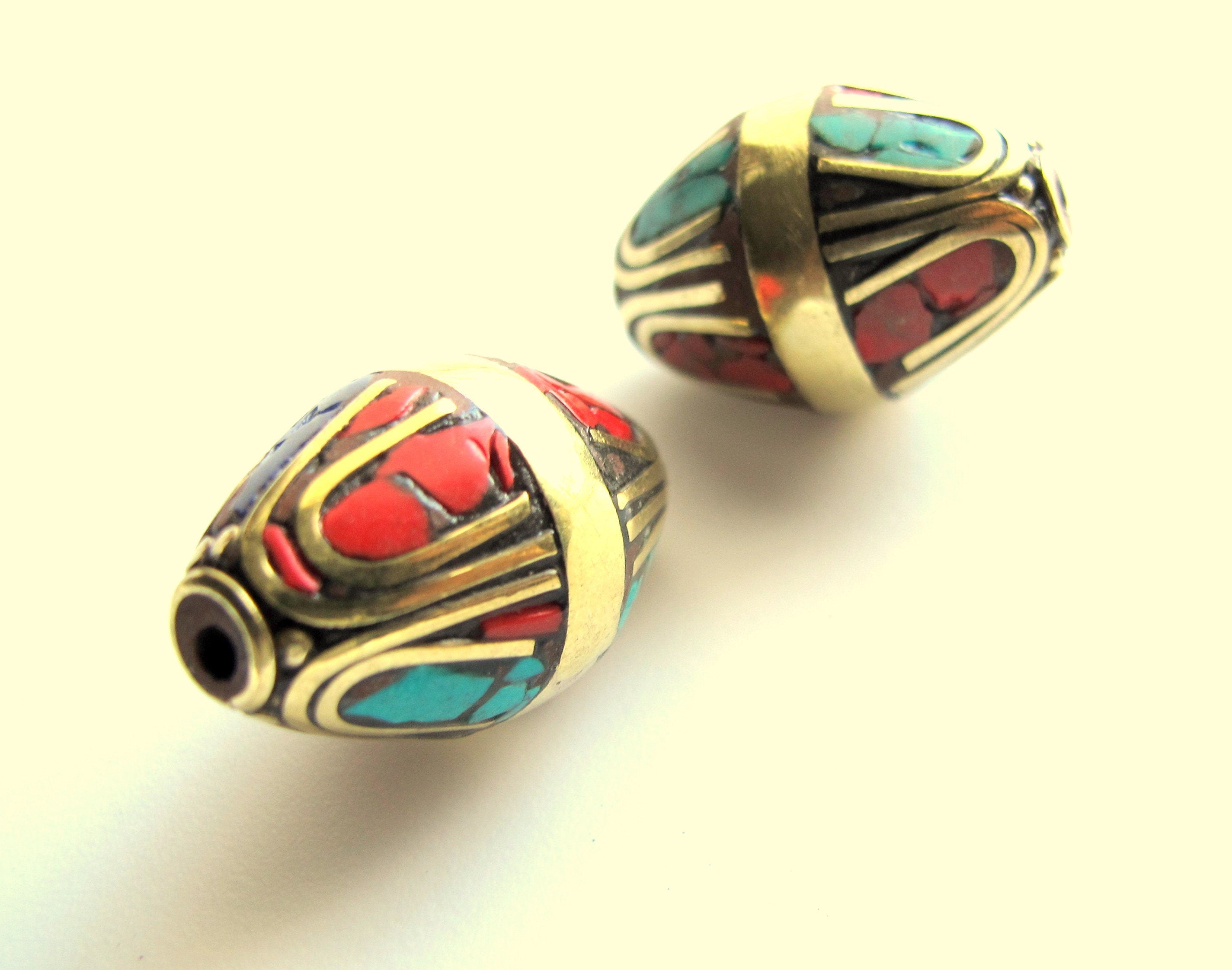 1 BEAD - Large bicone shape Tibetan brass beads with turquoise and lapis inlay ethnic nepal beads tibetan beads inlaid beads - BD139