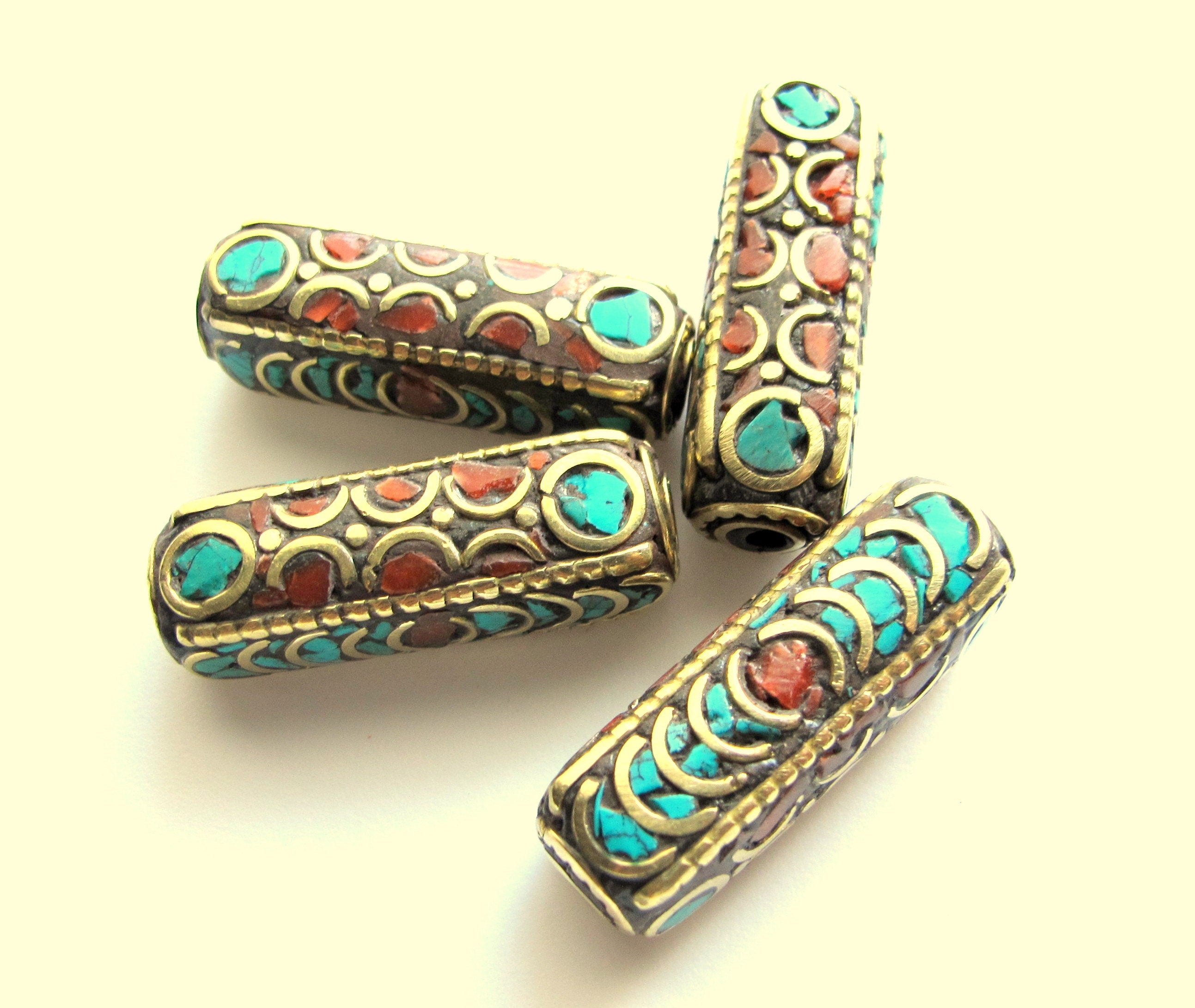1 bead - Ethnic Nepal beads inlaid brass bead Long tubular brass bead turquoise inlaid from Nepal Tibetan Beads - BD392